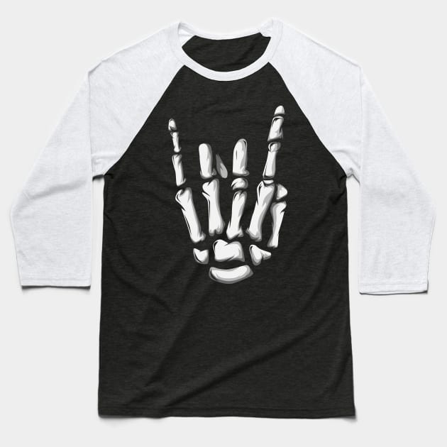 Heavy Metal Rock N' Roll Skeleton Hand Baseball T-Shirt by GigibeanCreations